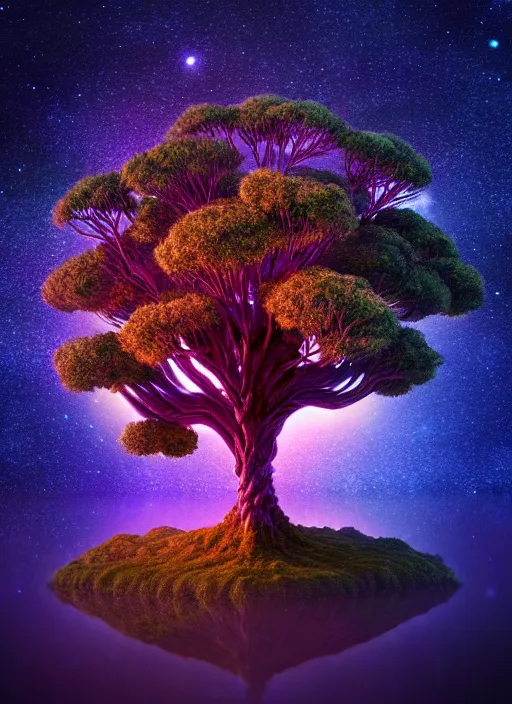 Image similar to high depth, collective civilization tree, calm, healing, resting, life, hybrids, scifi, glowing lights, published concept art, art in the style of all and none and everything and infinity, macro tilt shift