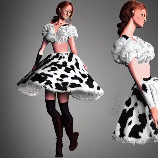 Prompt: A Marvelous Designer render of a cow costume with Holstein print fabric. Ruched bodice, puff sleeves, skater skirt. White fur boots with hooves.