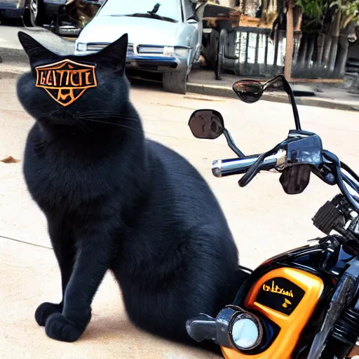 Prompt: a black cat with aviator goggles riding a Harley Davidson