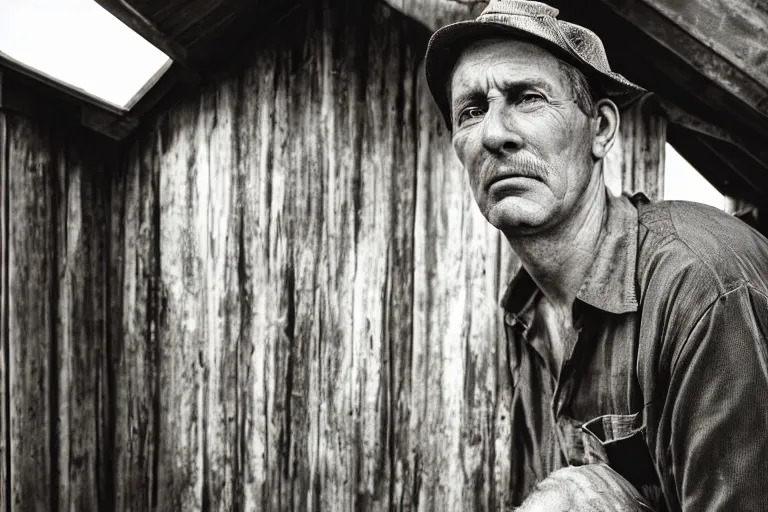 Image similar to a cinematic headshot portrait of a farmer, stood outside a wooden cabin, movie still, ultra realistic, dramatic lighting, by annie leibovitz