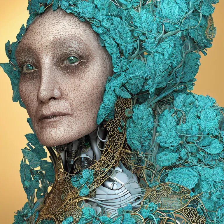 Prompt: cinema 4d colorful render, organic, ultra detailed, of a beautiful dark porcelain old woman face, translucid. biomechanical cyborg, analog, macro lens, beautiful natural soft rim light, big leaves and stems, roots, fine foliage lace, turquoise gold details, greg rutkowsk style, high fashion haute couture, art nouveau fashion embroidered, intricate details, mesh wire, mandelbrot fractal, anatomical, facial muscles, cable wires, elegant, hyper realistic, in front of dark flower pattern wallpaper, ultra detailed, 8k post-production