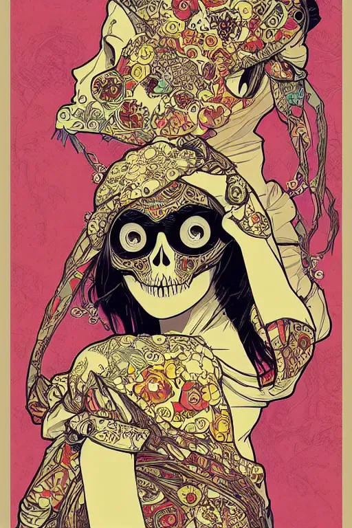 Prompt: beautiful skull portrait girl female illustration detailed patterns art of jawa traditional dress, pop art, splash painting, art by geof darrow, ashley wood, alphonse mucha, makoto shinkai