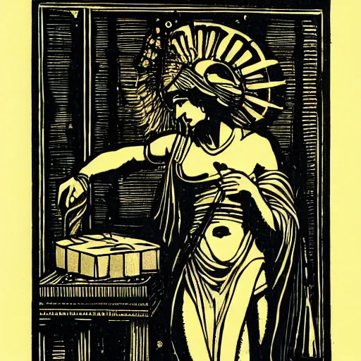 Image similar to Greek mythology pandora opening her box, block print, chiaroscuro, very beautiful, award-winning