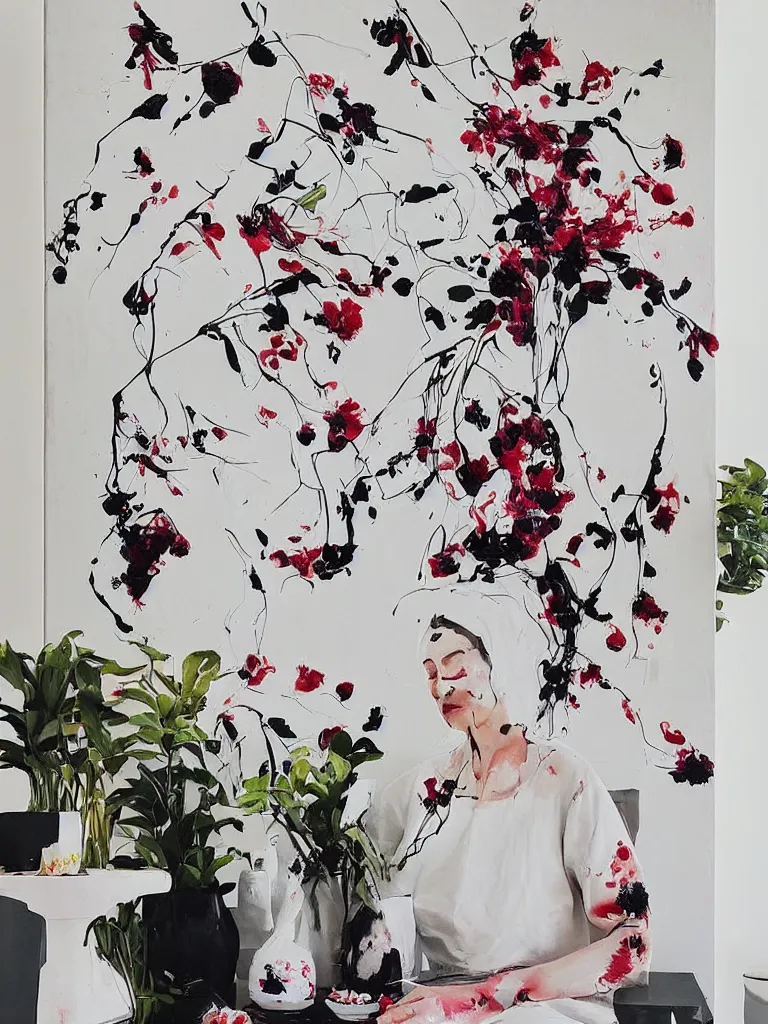 Prompt: “art in an Australian artist’s apartment, painting of a woman wearing white cotton cloth, organic, fresh berries, white wax, edible flowers, Japanese pottery, ikebana, black walls, acrylic and spray paint and oilstick on canvas”