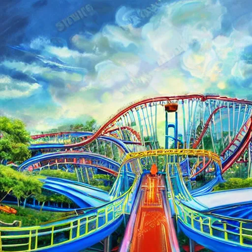 Image similar to view of modern futuristic amusement park, roller coaster, water park, detailed luminescent oil painting 4 k