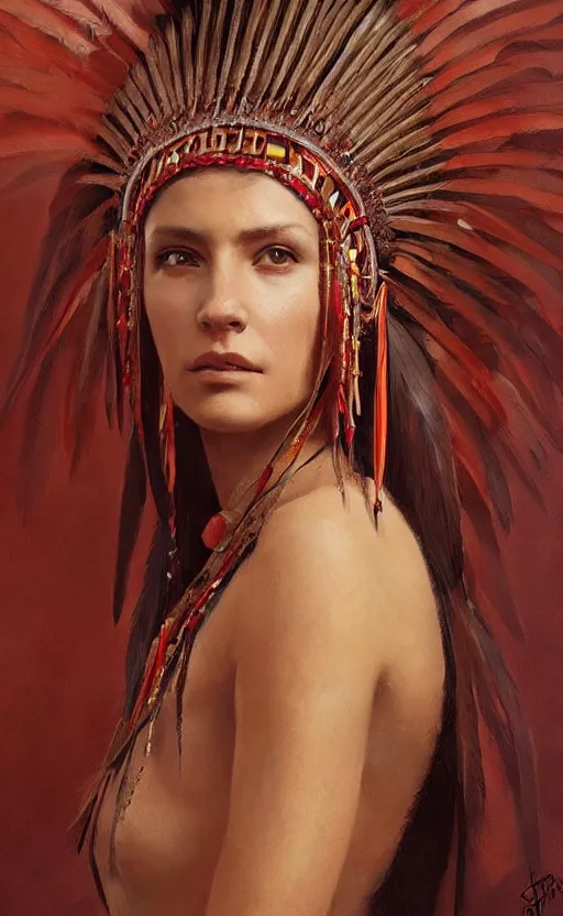 Image similar to gorgeous redskin woman wearing headdress, intricate, elegant, highly detailed, artstation, concept art, smooth, sharp focus, illustration, art by stefan kostic and greg rutkowski