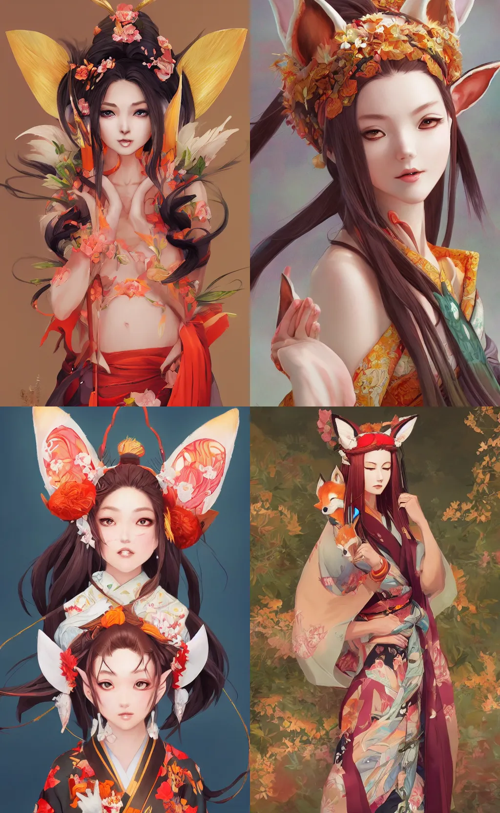 Prompt: An beautiful digital painting of Ssunbiki with fox ears and nine tails wearing a kimono, by Stanley Artgerm Lau, WLOP, Rossdraws, James Jean, Andrei Riabovitchev, Marc Simonetti, and Sakimichan, tranding on artstation, SFW version