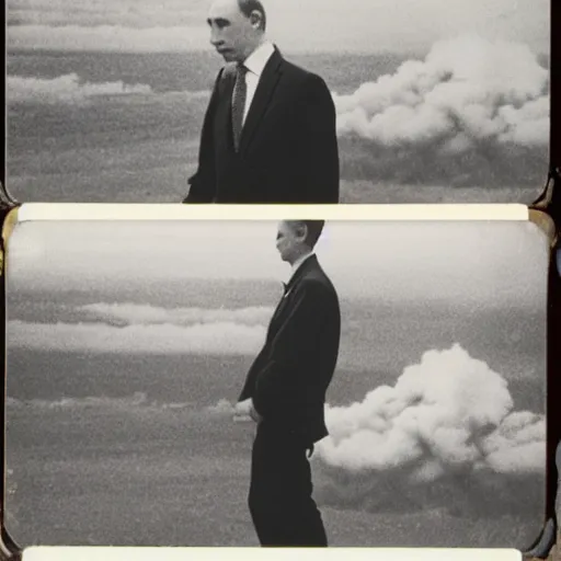 Image similar to Vladimir putin looking at an atomic bomb. polaroid. bleak.