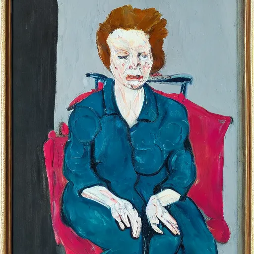 Image similar to painting of a woman sitting on a chair, staring at you, by georg baselitz