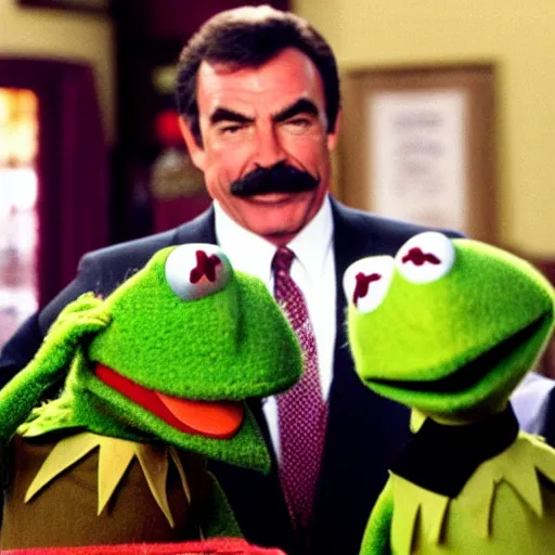 Prompt: Tom Selleck in the muppets with Kermit the frog