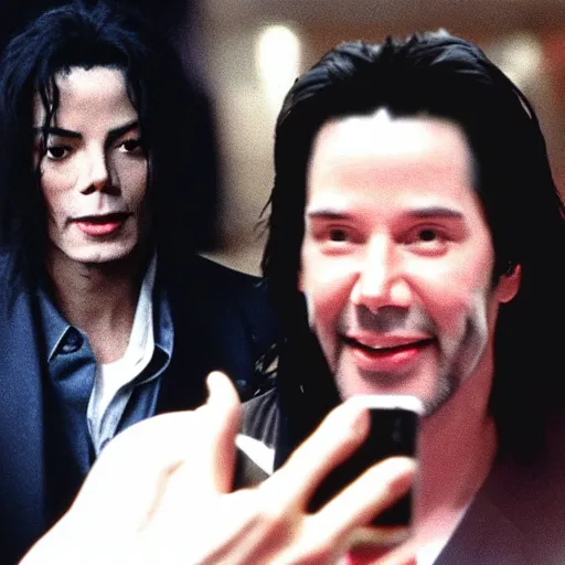 Image similar to Michael Jackson takes selfie with Keanu Reeves at Matrix scene