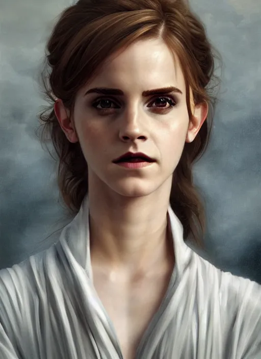 Image similar to emma watson portrait demon half human, elegant, wearing a bomber jacket, armor, hyper realistic, whitehorns, extremely detailed, dnd character art portrait, fantasy art,, dramatic lighting, vivid colors, artstation, by edgar maxence and caravaggio and michael whelan and delacroix, lois van baarle and bouguereau