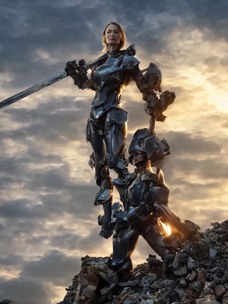 Image similar to emily blunt in futuristic power armor, by herself, holding a sword, standing atop a pile of rubble, sunset and big clouds behind her