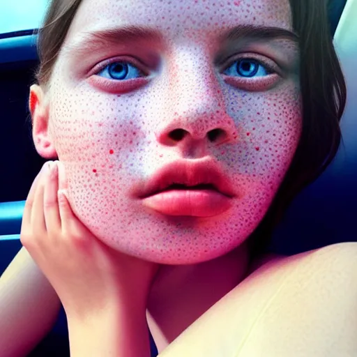 Prompt: beautiful hyperrealism hyperdetailed selfie of a cute young woman sitting in her car, flushed face, red blush, light freckles, puffy lips, soft features, 8 k, sharp focus, art by irakli nadar, instagram