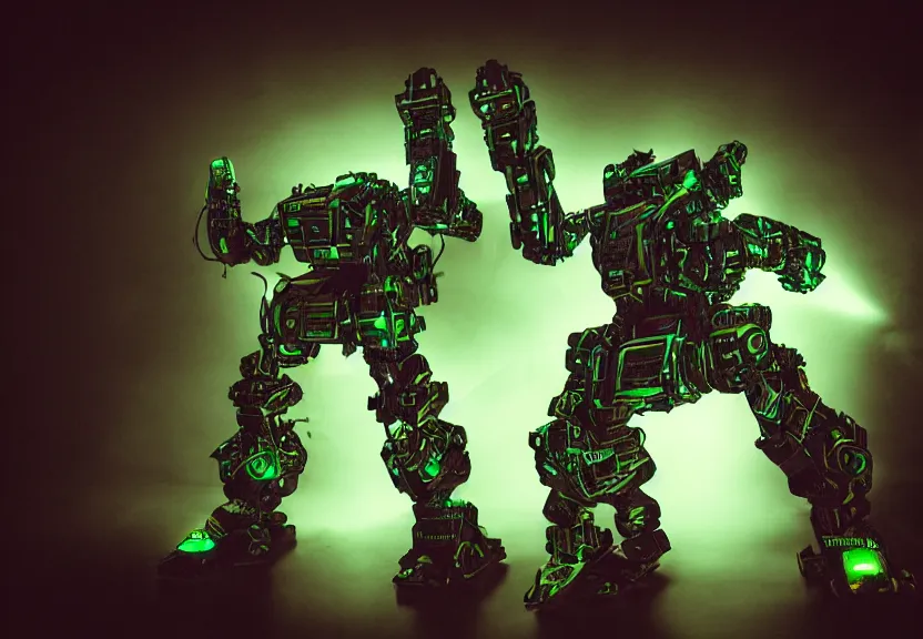 Image similar to a ultra realistic hyper realistic underexposed film photograph of an intricate neon mech warrior