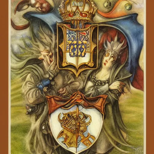 Prompt: coat of arms by brian froud