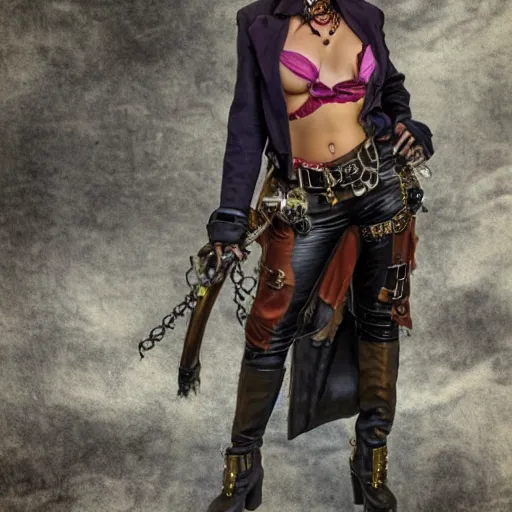 Prompt: full body photo of a steampunk pirate woman, hyperrealistic