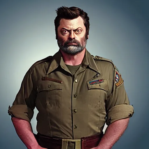 Image similar to “Nick Offerman (with accurate face) as soldier in the DOOM game, photorealistic 8k, original doom cover style”