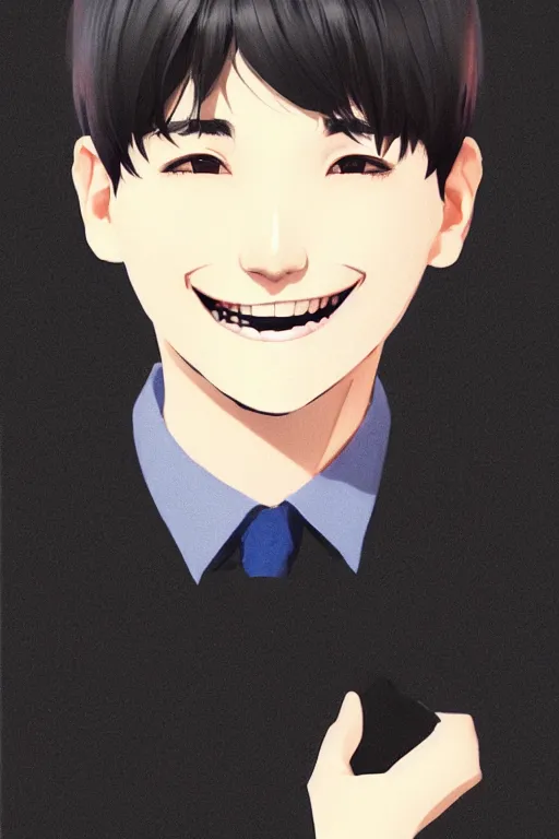 Prompt: a headshot of a very happy yoongi gummy smile - short black hair wearing male school uniform, sharp focus, illustration, morandi color scheme, art station, high detailed, by ilya kuvshinov