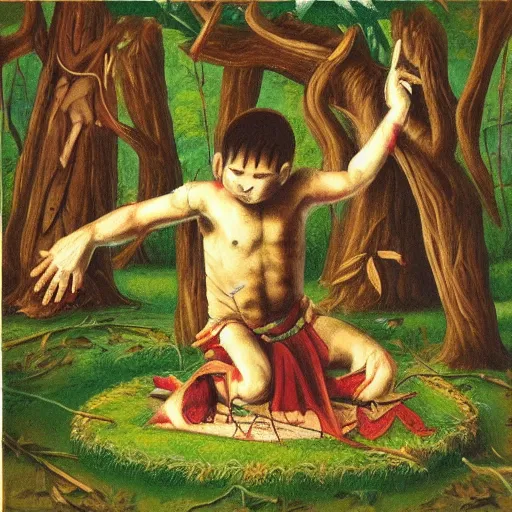 Prompt: “child god of the forest making a ritual, artwork”