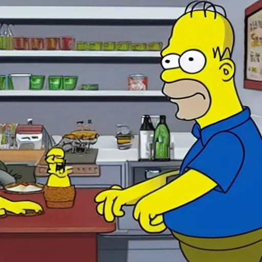 Prompt: Homer Simpson cooks meth with Jesse Pinkman, still from the show Breaking Bad