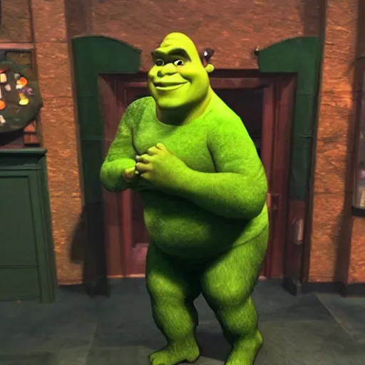 Prompt: low quality paparazzi photo of shrek