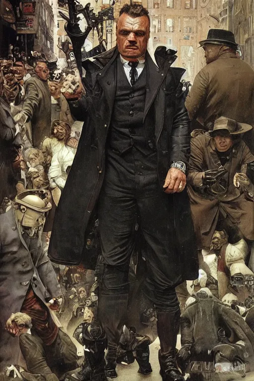 Prompt: full length portrait of mariusz pudzianowski as a huge hulking marvel gangster wearing a leather trench coat walking beside gangsters on street pre war new york, by lawrence alma tadema and zdzislaw beksinski and norman rockwell and jack kirby and tom lovell and greg staples and michael alford
