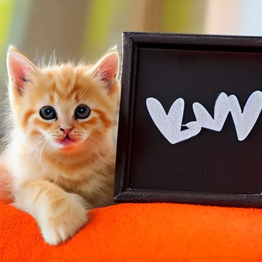 Image similar to cute fluffy orange tabby kitten with a sign that says