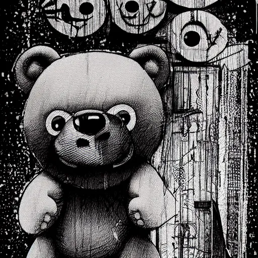 Prompt: grunge cartoon drawing of a teddy bear by - beeple , loony toons style, horror themed, detailed, elegant, intricate