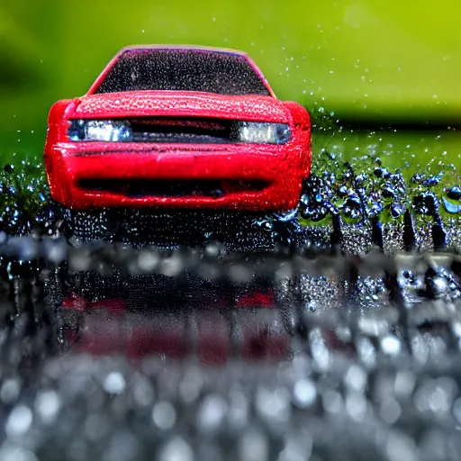 Image similar to macro photography of a hot wheels car driving through a puddle in the rain, 3 5 mm