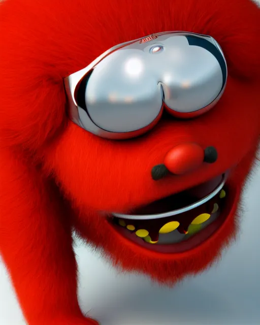 Prompt: 3 d render of completely red hairy friendly antropomorphic creature wearing chrome shades, without nose, shy smile, full body, standing on 2 feet, in the style of pixar, white background, unreal engine 5, octane render, highly detailed hdr