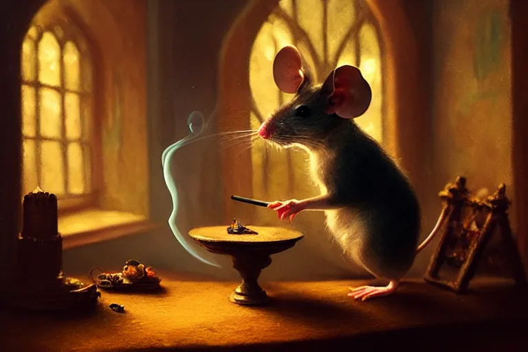 Prompt: A mouse is smoking in a Gothic atelier, oil painting, detailed, colorful, glowing lighting, 4k, dimly lit, in the style of Yanjung Chen and Tom Bagshaw,