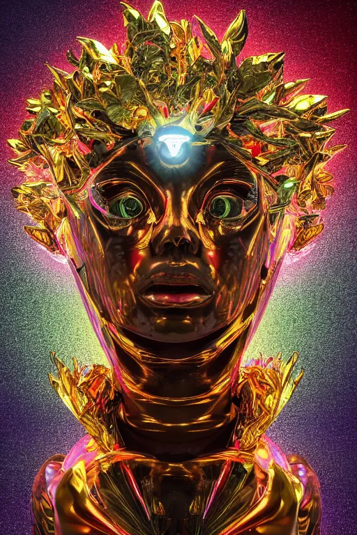 Image similar to hyper detailed ultra sharp portrait of baroque and bladerunner delicate neon ruby sculpture of seductive albino primce royce tigers orange iridescent humanoid deity wearing metallic hoody made out of leaves holding the sun prismatic dungeon, glowing rainbow face, crown of white diamonds, cinematic lighting, photorealistic, octane render 8 k depth of field 3 d