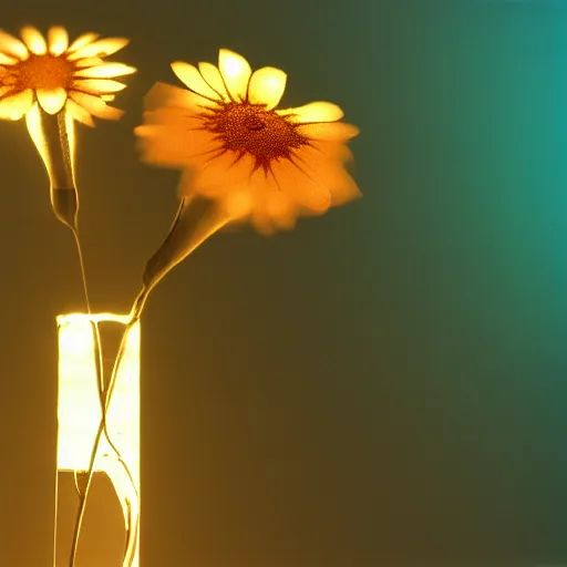 Prompt: lights refraction over a blooming flower in a lab glass test tube
