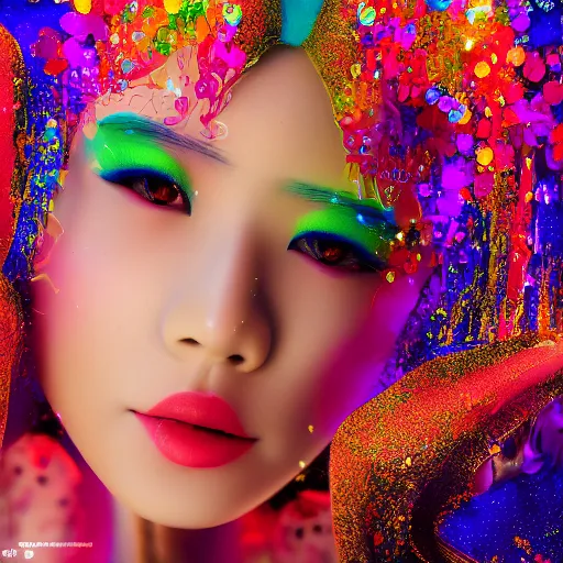 Prompt: japanese lady god, bright colors, fashion model, portrait shot, glitter, depth of field, 8 k, hyper detailed, intricate, trending on artstation