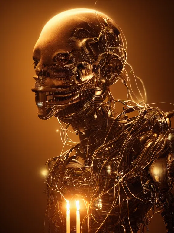 Prompt: ! dream fine painting of a cyborg from an alien culture with wires growing from his body, candlelight, 8 k, ultra realistic, lens flare, atmosphere, glow, detailed, intricate, full of colour, cinematic lighting, trending on artstation, 4 k, hyperrealistic, focused, extreme details, unreal engine 5, cinematic, masterpiece