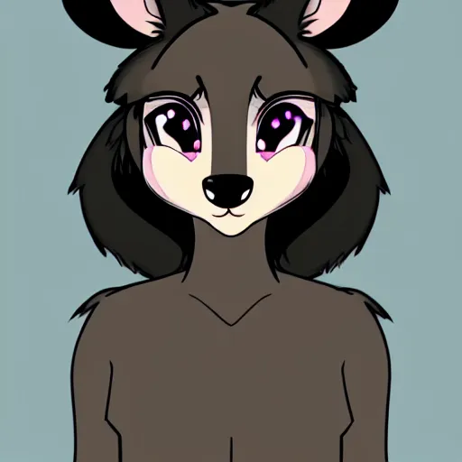 Image similar to headshot of young fursona female mouse, healthcliff style, cute, fantasy, intricate, long hair, dark grey skin, mouse face, furry mouse, dark skin, mouse head, mouse ears, black hair, elegant, cartoony, furry Deviantart art of the day, furry character, character art, smooth, sharp focus, illustration, art by adoptables