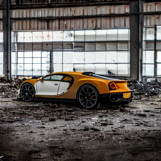 Image similar to an abandoned, derelict, rusty bugatti chiron in a dirty warehouse