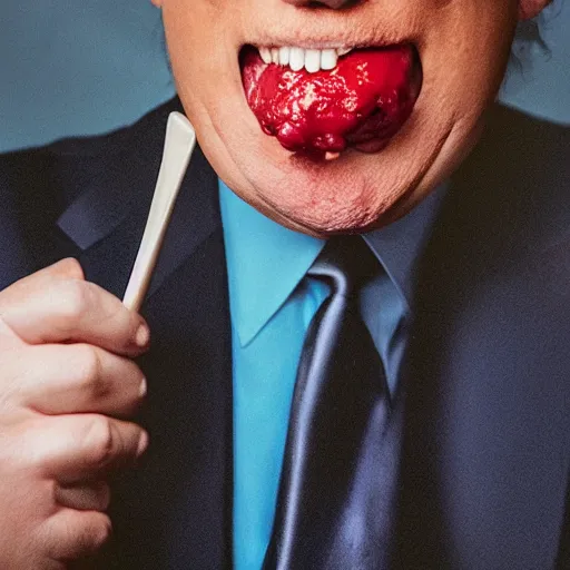 Image similar to photo still of donald trump! licking! a burger with his! tongue! out, mmmmm, moist, studio portrait photo, studio lighting, rim light, key light, food photography, 3 5 mm f 1. 8