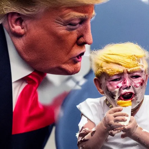 Image similar to crying donald trump in a highchair with pudding all over his face, gettyimages