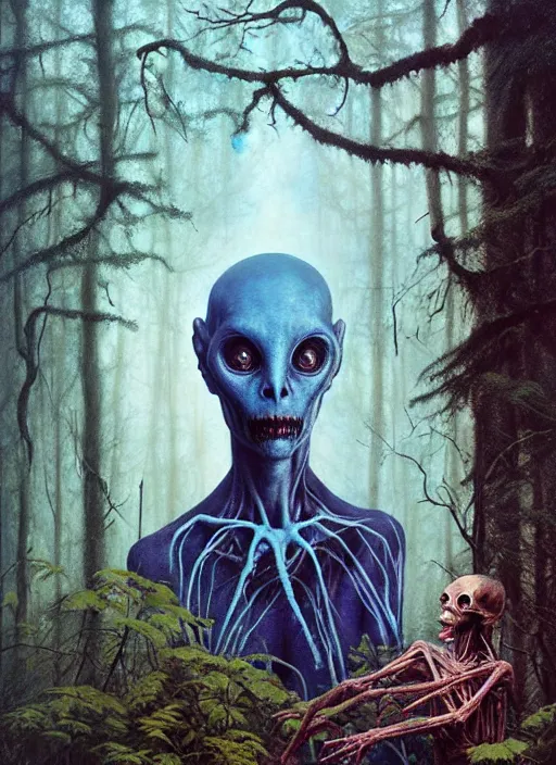 Image similar to hyper realistic spooky alien in the woods in a river gorgeous lighting, lush forest foliage blue sky a hyper realistic painting by chiara bautista and beksinski and norman rockwell and greg rutkowski, tom bagshaw weta studio, and lucasfilm