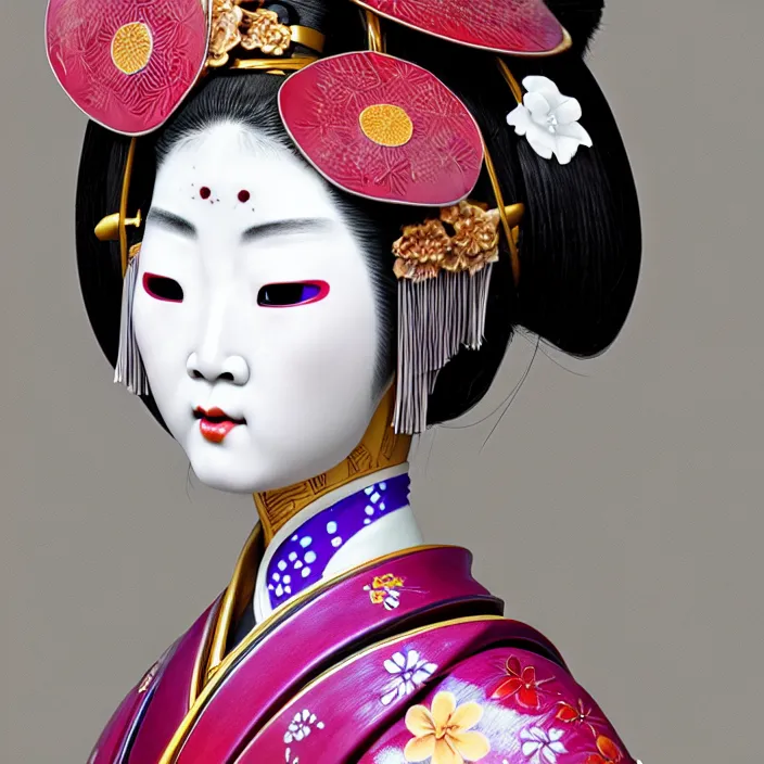 Image similar to ceramic cyborg geisha, ceramic armor with Kakiemon design with plums and stylized flowers in glaze and gilding, diffuse lighting, fantasy, intricate, elegant, highly detailed, lifelike, photorealistic, digital painting, artstation, illustration, concept art, smooth, sharp focus, art by John Collier and Albert Aublet and Krenz Cushart and Artem Demura and Alphonse Mucha