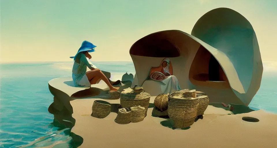 Prompt: a hermit girl outside her seashell home, atmospheric cinematography by syd mead