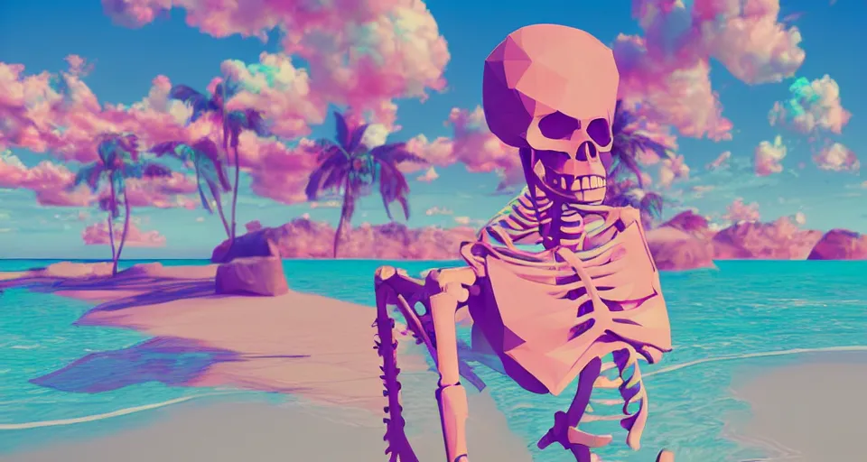 Prompt: fullbody vaporwave art of a fashionable skeleton at a beach, early 90s cg, 3d render, 80s outrun, low poly, from Hotline Miami