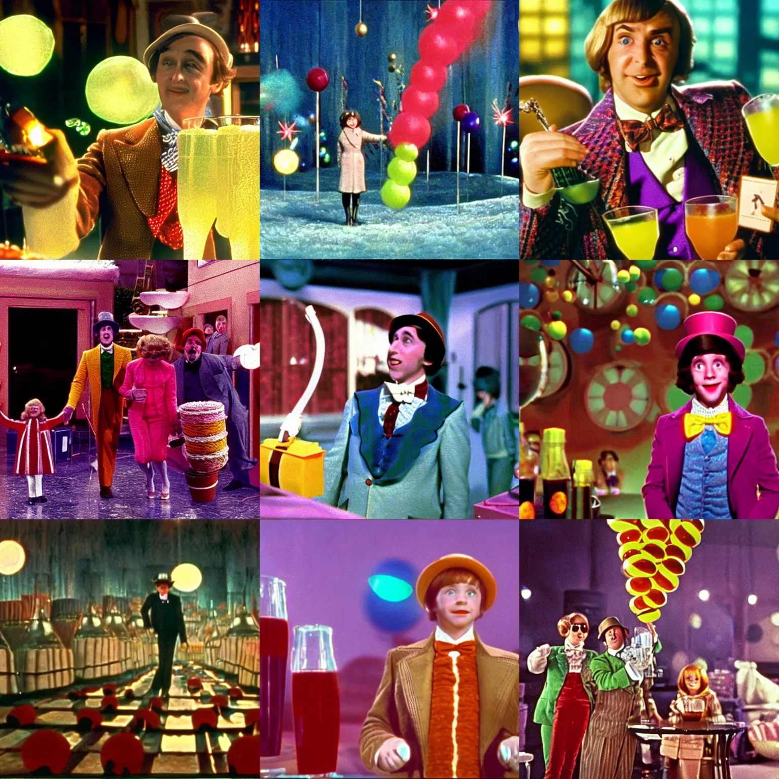 Prompt: Fizzy Lifting Drink. Cinematic, volumetric lighting. Scene from 1971 film Willy Wonka & the Chocolate Factory