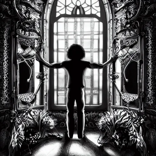 Image similar to a black man with long curly hair, with his back turned, looking at a victorian window, on deep sea, a big glowing letter K on the wall, + Cinematic Lighting + Deep Shadows + Hyper Realistic + Hyper Maximalist + Maximalist Composition + Intricate Details + Rendered in Octane + Trending on Artstation + Hall of Fame on Cgsociety + 8K portrait + 8k Post-Processing Highly Detailed + Rendered by Octane Engine + 8K Artstation 8k Detail Post Processing + Octane Render