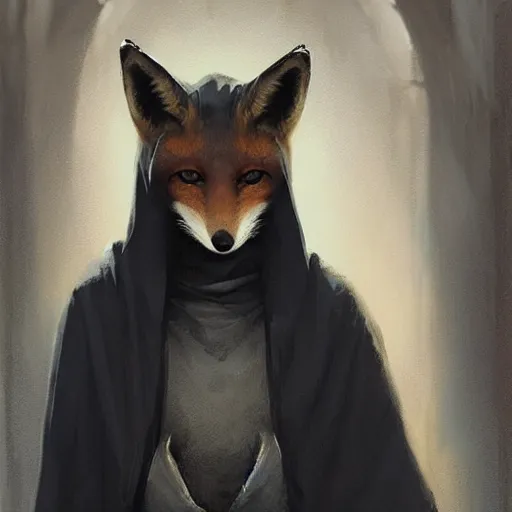 Image similar to A portrait of an anthropomorphic fox in a black hooded robe by Greg Rutkowski