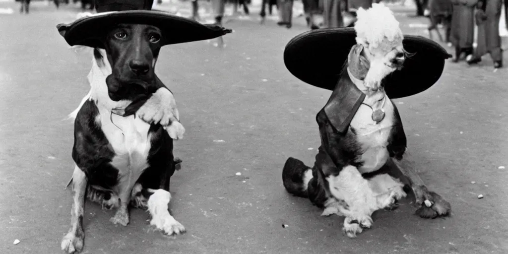 Prompt: a jaunty dog wearing a bowler hat in 1 9 3 0 paris france