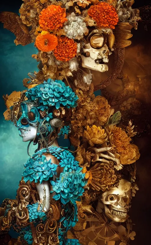 Image similar to a 3d Letter A with a large glowing orange crystal in the center, bronze cyberpunk style statue, mechanical chrysanthemums, flowing aqua silk, fabric, steampunk flowers. baroque elements, human skull. full-length view. baroque element. intricate artwork by caravaggio. many flying horses on background. Trending on artstation, octane render, cinematic lighting from the right, hyper realism, octane render, 8k, depth of field, 3D