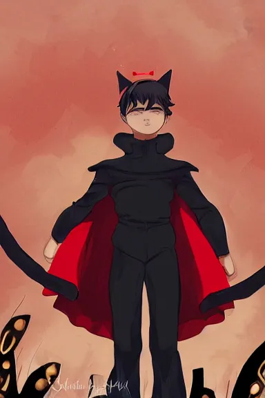 Image similar to little boy with cat ears in an black outfit with red cape. digital artwork made by lois van baarle and kentaro miura, sharpness focus, inspired by hirohiko araki, anatomically correct, heroic composition, hero pose, smooth, night city, illuminati